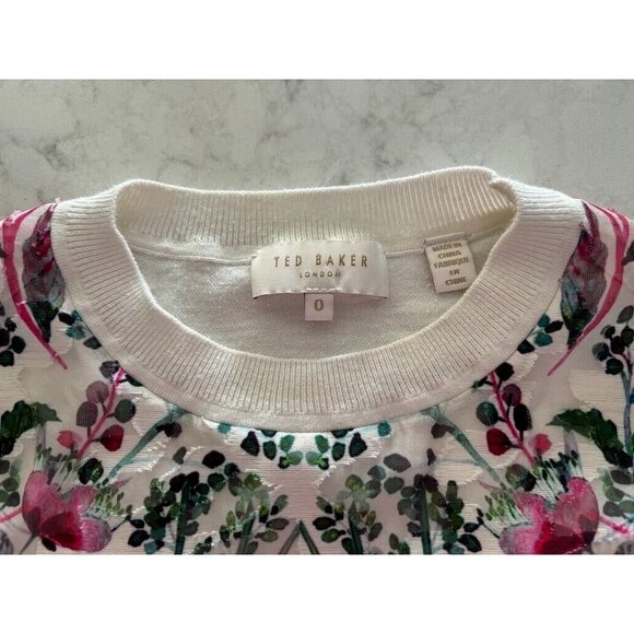 TED BAKER Rayshel Sweater Woven Front Floral Womens Size 0 Ivory Long Sleeve - Picture 7 of 9